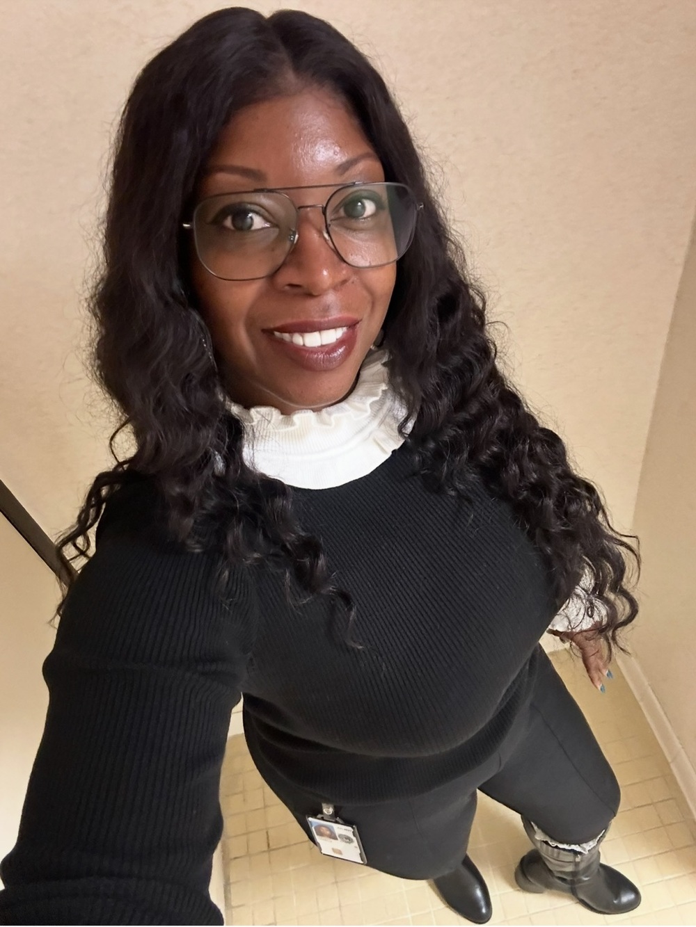 Fashion Nova Black Ribbed Cowl Neck Sweater with White Ruffle Trim🐼